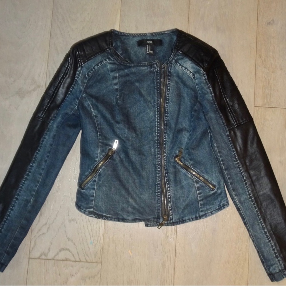 Chic jean jacket with faux leather accents!